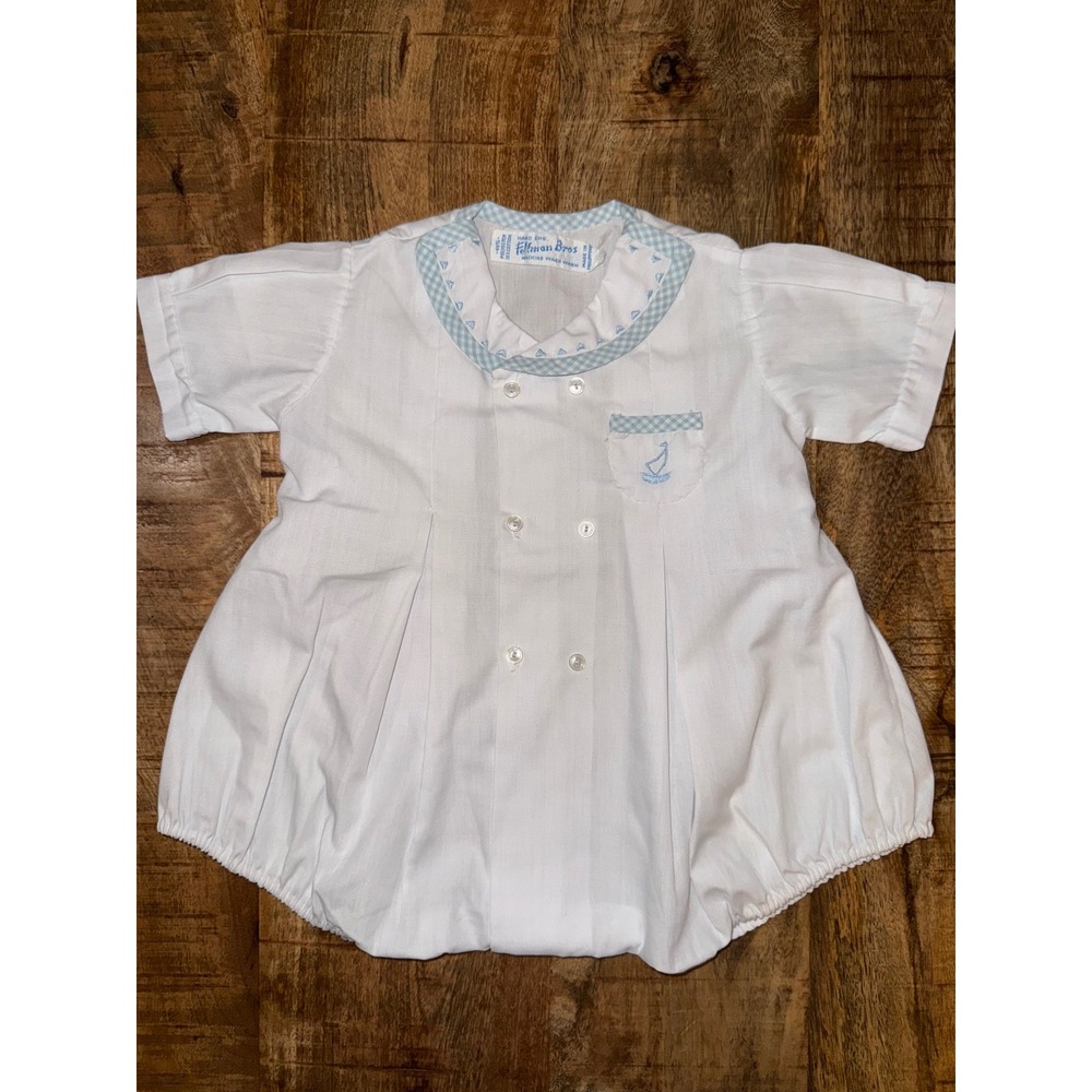 Vintage Feltman Bros Baby Boy White Blue Gingham Sailboat Bubble Romper B135